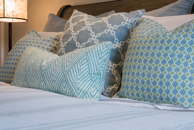 Bedroom Accent Pillows. Bedroom Accent Pillows. Pillow fabrics are Pindler and Thibaut. Bedroom Accent Pillows #BedroomAccentPillows #AccentPillows Restyle Design, LLC.