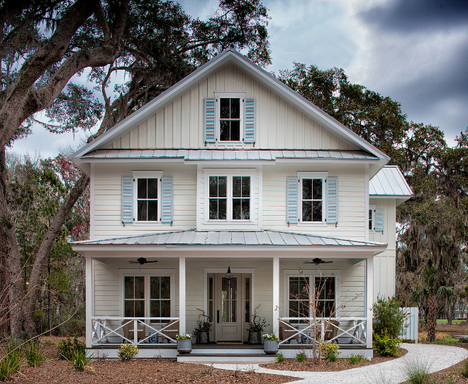 Board and batten and clapboard style exterior. Siding - Hardie Board - board and batten and clapboard style. Paint color is Benjamin Moore Swiss Coffee. Board and batten and clapboard style exterior ideas. Board and batten and clapboard style exterior. Board and batten and clapboard style exterior #Boardandbattenclapboardstyle #exterior Lisa Furey - Barefoot Interiors