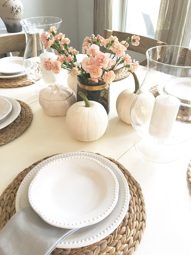 Breakfast Nook Fall Decor with faux white pumpkins and fresh flowers. Perfect decor for brunch! @classicstylehome