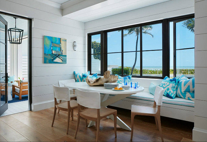 Breakfast nook with shiplap walls, black windows and black door to patio #breakfastnook #shiplap #blackdoor #blackwindows #shiplap #breakfastnookshiplap #nookshiplap #nook Pineapples Palms, Etc