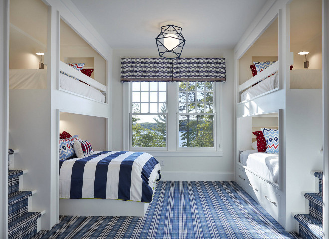 Bunk room flooring. Bunk room with plaid carpet flooring. Gorgeous bunk room with blue and white plaid carpet flooring. Bunk room flooring. Bunk room Plaid flooring #Bunkroom #flooring #Bunkroomflooring #plaid #plaidflooring #plaidcarpet #carpet John Kraemer & Sons