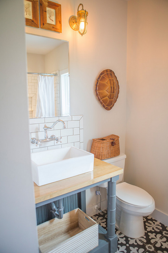 Farmhouse Bathroom Paint Color Farrow and Ball Blackened. Wall paint color is Skimming Stone Farrow & Ball #SkimmingStoneFarrowandBall #FarrowandBallBlackened Sharon Barrett Interiors