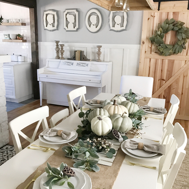 Green and White Fall Decor in the Kitchen and Dining Room