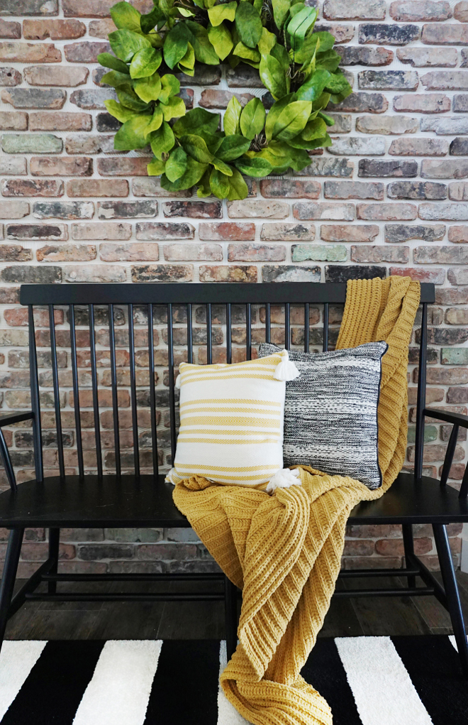 Farmhouse Foyer Bench, exposed brick and magnolia wreath. @household no.6