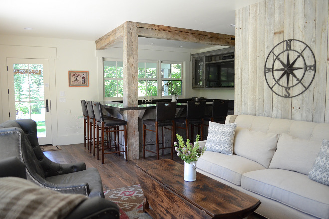 Farmhouse Guest House Interior with barnwood shiplap and bar. On the interior, we again used reclaimed wood for the kitchen/bar area and finished the walls in barn wood wood planks. #FarmhouseGuestHouse #Interior #barnwoodshiplap #bar Beautiful Homes of Instagram @SanctuaryHomeDecor