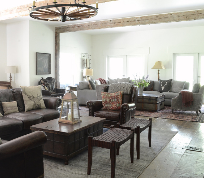 Great room. The ranch house was designed with a true great room at the center. Measuring 60’ x 30”, it has two large seating areas, an enormous fireplace and a large dining room (not pictured) all in one open space. It has been a challenge to decorate this space and make it feel cohesive and functional. We chose to use warmer earth tones alongside soft grays and chocolate browns to add a bit of a western feel. This was a departure from my usual décor style, but was the perfect design in this environment! #greatroomBeautiful Homes of Instagram @SanctuaryHomeDecor