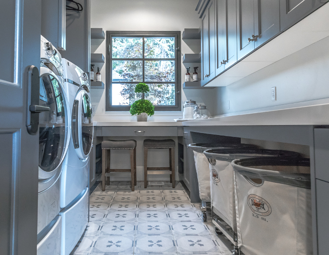 Grey laundry room with cement tile. Floor tile is Bedrosian Stonepeak deco tile. Grey laundry room with cement tile. Grey laundry room with cement tile. Grey laundry room with cement tile #Greylaundryroom #cementtile