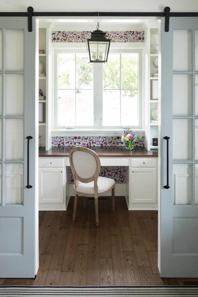 Home Office Barn Door. Home Office Barn Door painted in Sherwin Williams Grey Matters. Home Office Barn Door Ideas. Home Office Barn Door #HomeOffice #BarnDoor #SherwinWilliamsGreyMatters Bria Hammel Interiors