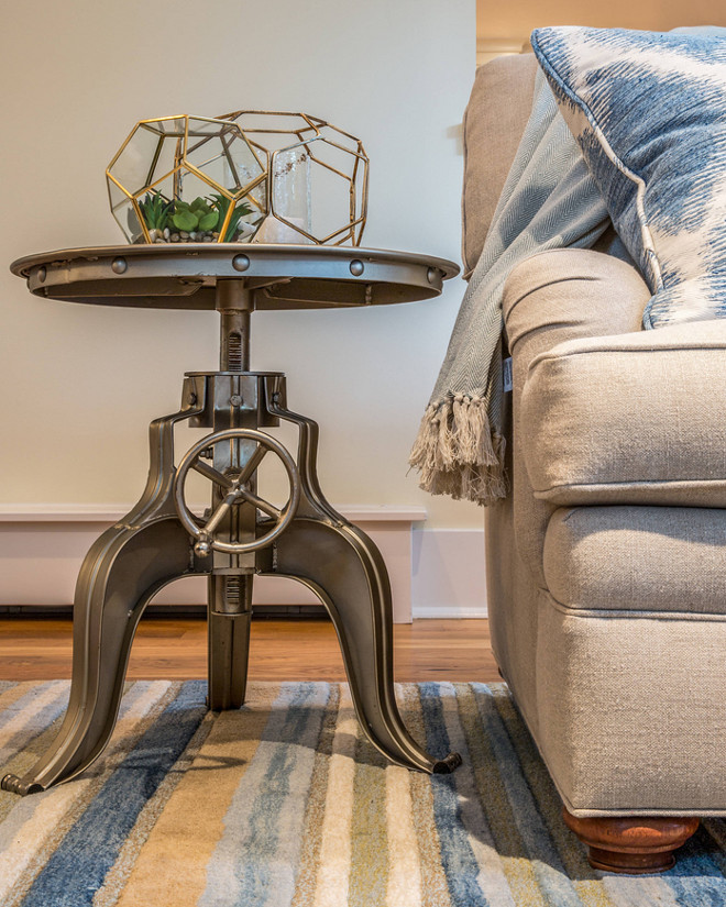 Industrial Accent table. Industrial Round Table Crank Iron End Accent Adjustable height #IndustrialRoundTable #endtable #Accenttable Fronzoni Industrial Loft Antique Nickel. Restyle Design, LLC.