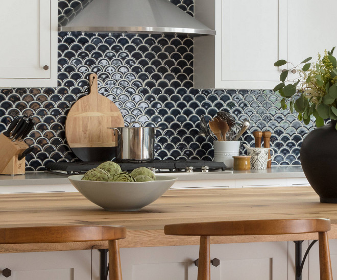 Navy Backsplash. White kitchen with navy backsplash. Navy backsplash is Pratt and Larson Fan Ceramic tile. #navybacksplash #backsplash #whitekitchenbacksplash #PrattandLarsonFanCeramictile Jamie Keskin Design