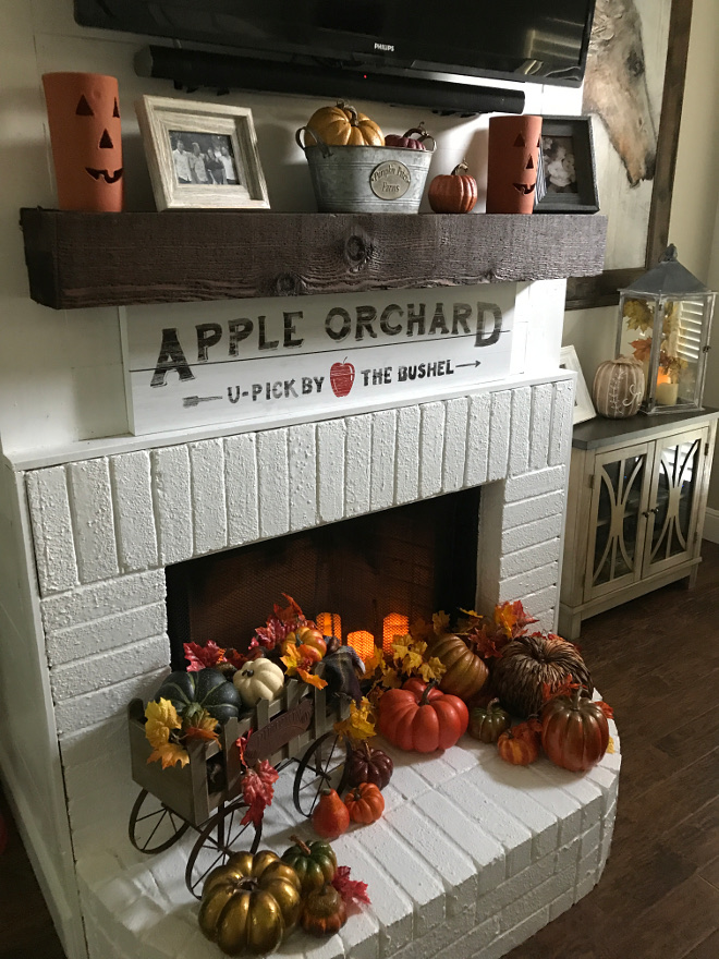 Painted Brick Fireplace Timber Mantel Fall Decor. Painted Brick Paint Color: Behr Ultra White in semi-gloss. Painted Brick Fireplace Timber Mantel Fall Decor. Painted Brick Fireplace Timber Mantel Fall Decor. Painted Brick Fireplace Timber Mantel Fall Decor #PaintedBrickFireplace #TimberMantel #MantelFallDecor #FallDecor @matt.juhl