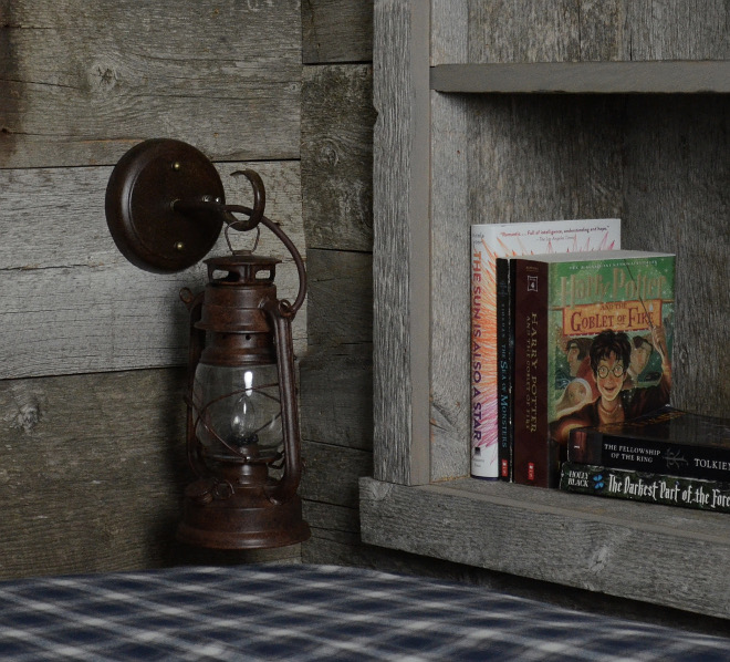 Reclaimed wood Bunk room cubbies and lantern sconce light. We designed the bunkroom with three twin beds and two doubles, all with their own drawers underneath and cubbies with lantern lights. Beautiful Homes of Instagram @SanctuaryHomeDecor