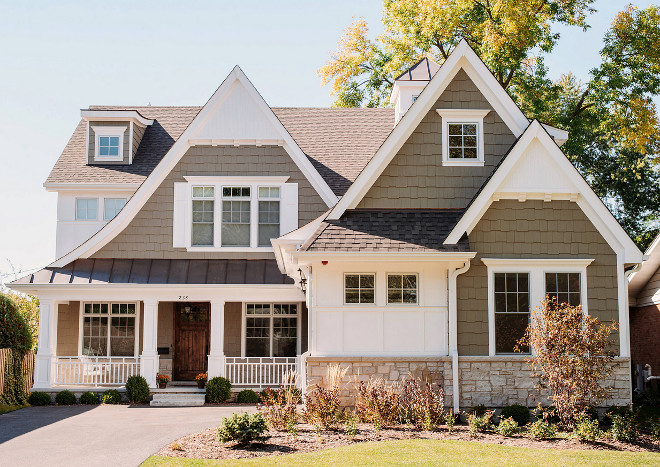 The siding is James Hardi Khaki Brown and the metal roofing is architectural Dark Bronze. White trim paint color is White Down OC-131. Summit Signature Homes, Inc.