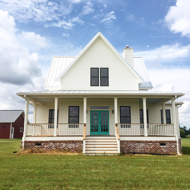 White farmhouse with brick. White farmhouse with brick. Paint Color is Benjamin Moore White Dove #Whitefarmhouse #brickfarmhouse #BenjaminMooreWhiteDove @mygeorgiafarmhouse