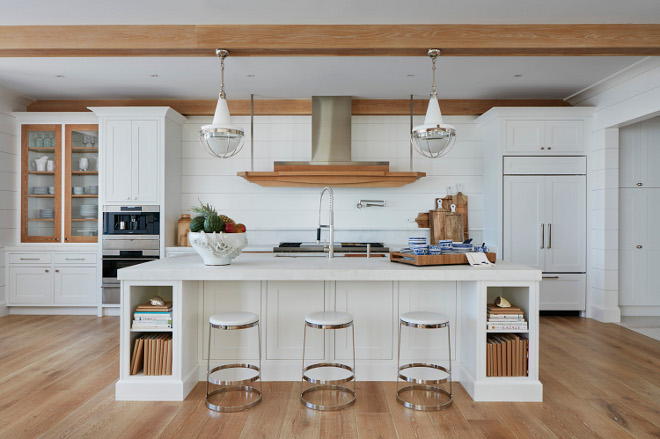 White kitchen with white shiplap painted in Super White by Benjamin Moore and White Oak accent trim and ceiling beams. #Whitekitchen #whiteshiplap #SuperWhitebyBenjaminMoore #shiplap #WhiteOak #accenttrim #beams Pineapples Palms, Etc