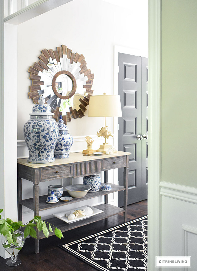 entryway-blue-and-white-ginger-jars-fresh-greenery-console-table-starburst-mirror-entryway-blue-and-white-ginger-jars-fresh-greenery-console-table-starburst-mirror-entryway-blue-and-white-ginger-jars-fresh-greenery-console-table-starburst-mirror #entryway #blueandwhitegingerjars #gingerjars #freshgreenery #consoletable #starburst #mirror gingerjars Beautiful Homes of Instagram @citrineliving Home Bunch