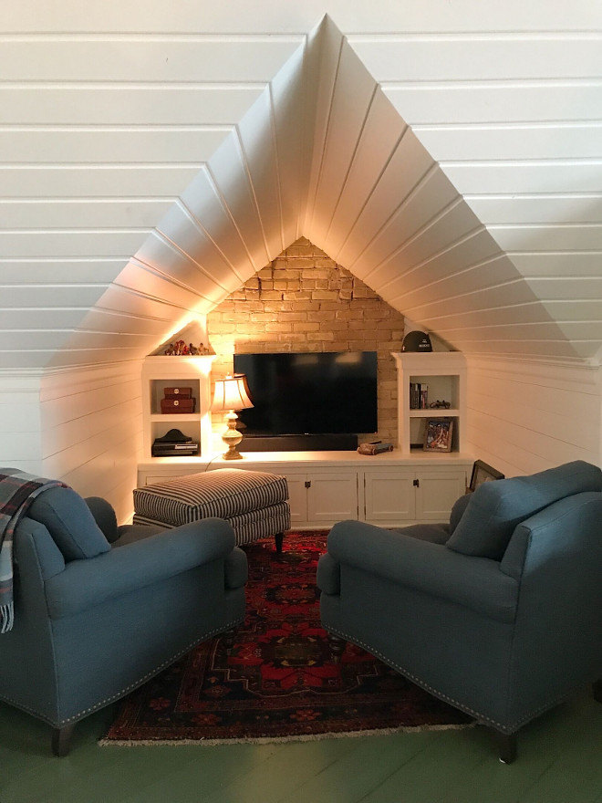 Attic TV Nook with Shiplap wall and shiplap ceiling. Attic TV Nook with Shiplap wall and shiplap peaked ceiling. Attic TV Nook with Shiplap wall and shiplap ceiling. Attic TV Nook with Shiplap wall and shiplap ceiling.Attic TV Nook with Shiplap wall and shiplap ceiling. Attic TV Nook with Shiplap wall and shiplap ceiling #Attic #TVNook #Shiplap #shiplapceiling #peakedceiling Beautiful Homes of Instagram @SweetShadyLane