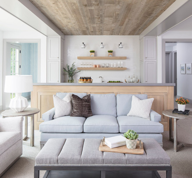 Basement with white oak bar and reclaimed shiplap ceiling. Chic Hamptons-inspired basement with White Oak bar and shiplap ceiling. Basement with white oak bar and reclaimed shiplap ceiling #Basement #Basementbar #whiteoak #bar #reclaimedshiplap #shiplap #ceiling Martha O’Hara Interiors