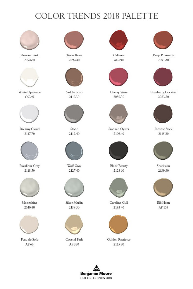 Benjamin Moore 2018 Color Trends. Benjamin Moore 2018 Color Palette. Benjamin Moore Pleasant Pink. Benjamin Moore Texas Rose. Benjamin Moore Calient AF-290. Benjamin Moore Deep Poinsettia. Benjamin Moore White Opulence OC-69. Benjamin Moore Saddle Soap. Benjamin Moore Cherry Wine. Benjamin Moore Cramberry Cocktail. Benjamin Moore Dreamy Cloud 2117-70. Benjamin Moore Stone. Benjamin Moore Smoked Oyster. Benjamin Moore Incense Stick. Benjamin Moore Excalibur Gray 2118-50. Benjamin Moore Wolf Gray. Benjamin Moore Black Beauty. Benjamin Moore Sharkskin. Benjamin Moore Moonshine 2140-60. Benjamin Moore Silver Marlin. Benjamin Moore Carolina Gull. Benjamin Moore Elk Horn. Benjamin Moore Peau de Soie. Benjamin Moore Coastal Path. Benjamin Moore Golden Retriever. Benjamin Moore 2018 Color Trends. Benjamin Moore 2018 Color Palette. Benjamin Moore 2018 Color Trends. Benjamin Moore 2018 Color Palette #BenjaminMoore2018ColorTrends #BenjaminMoore #2018 #ColorPalette