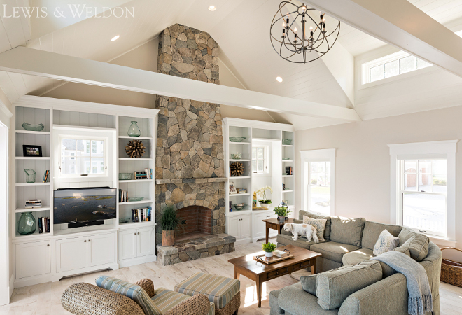 Benjamin Moore OC 20 Pale Oak. Great room with stone fireplace and neutral walls painted in Benjamin Moore OC 20 Pale Oak. Benjamin Moore OC 20 Pale Oak #BenjaminMooreOC20PaleOak Lewis & Weldon Custom Kitchens