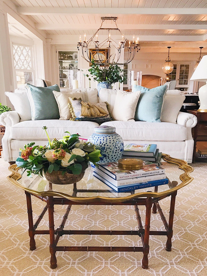 Brass Coffee Table. Antique brass, glass and wood coffee table. This coffee table!! It's a 1970's Baker bamboo table that I found on (get ready for it) ETSY! Antique brass coffee table #coffeetable #antiquecoffeetable #brasscoffeetable #antiquebasscoffeetable Beautiful Homes of Instagram @SweetShadyLane