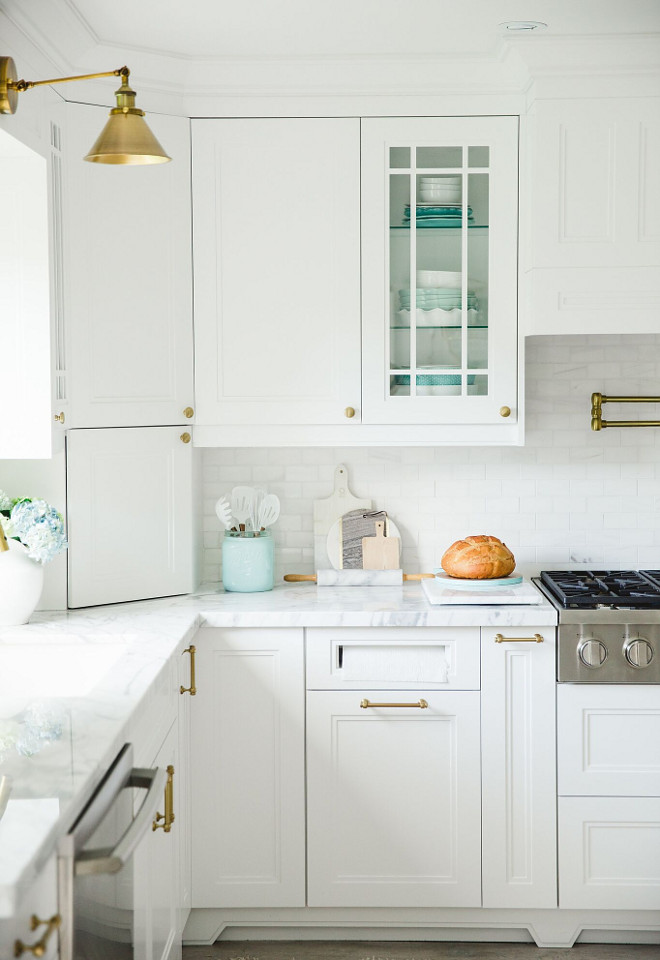 Brushed Brass Kitchen Cabinet Hardware. Pulls are from Restoration Hardware- Lugarno Pull in Aged Brass. Brushed Brass Kitchen Cabinet Hardware. Brushed Brass Kitchen Cabinet Hardware. Brushed Brass Kitchen Cabinet Hardware #BrushedBrass #Kitchen #Cabinet #Hardware Simply Beautiful Eating