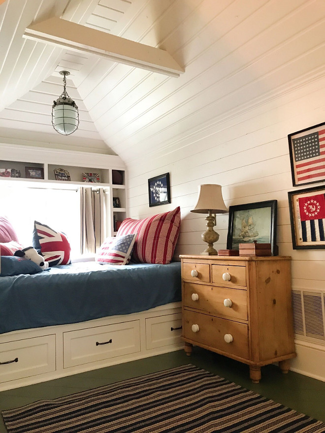 Coastal Bedroom with shiplap walls and peaked ceiling. Coastal Bedroom with shiplap walls and peaked ceiling. Bedroom built in bed nook #CoastalBedroom #shiplap #walls #peakedceiling #bedroomnook #nook #builtinbed Beautiful Homes of Instagram @SweetShadyLane