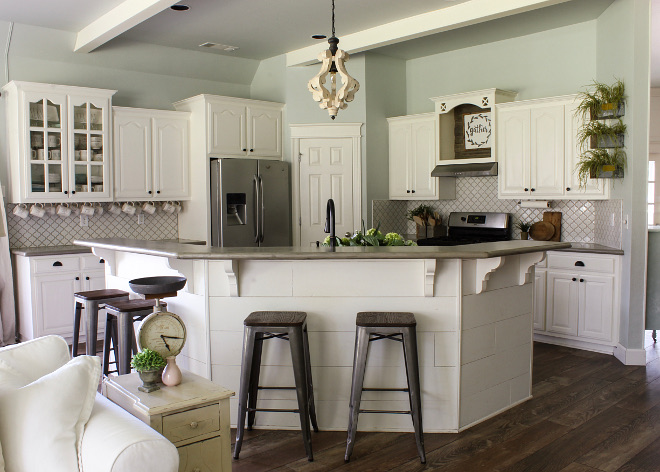 DIY Shiplap island. DIY shiplap kitchen island. DIY shiplap kitchen island painted in Sherwin Williams Alabaster. DIY shiplap using pine underlayment cut into 8in strips and painted SW Alabaster #DIYshiplapisland #diykitchenisland #diyshiplapkitchenisland Home Bunch Beautiful Homes of Instagram @cottonstem