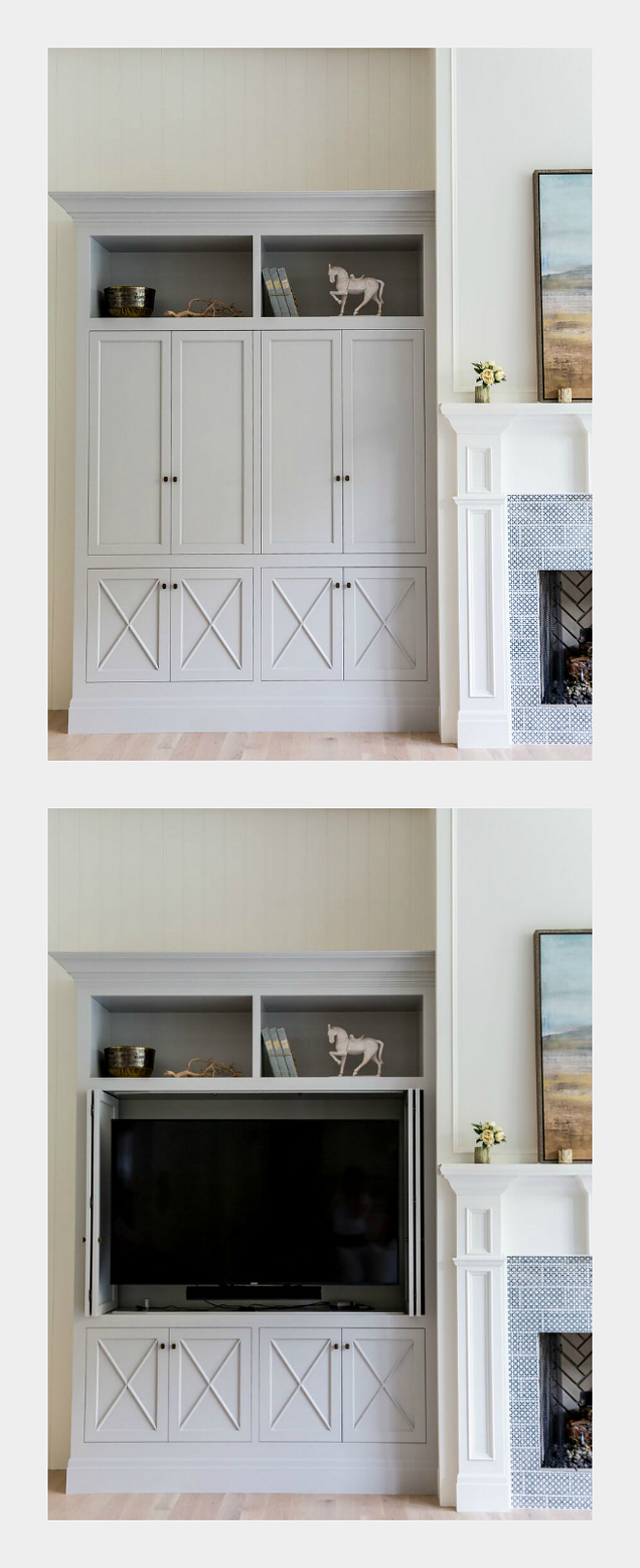 Family room media cabinet. Accordion doors allow this cabinet to perfectly tuck all electronics away from sight when not in use. Family room media cabinet. Family room media cabinet. Family room media cabinet. Family room media cabinet #Familyroom #mediacabinet Caitlin Creer Interiors. C. S. Cabinetry & Design