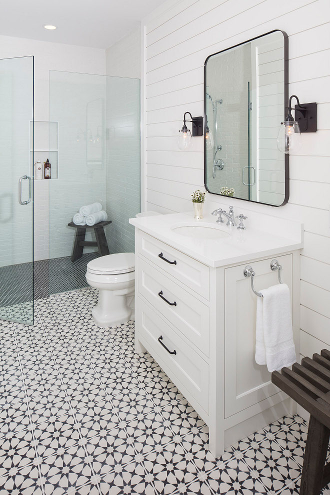 Farmhouse Bathroom with shiplap accent wall and black and white cement tile. Farmhouse Bathroom with shiplap accent wall and black and white cement tile. Farmhouse Bathroom with shiplap accent wall and black and white cement tile. Farmhouse Bathroom with shiplap accent wall and black and white cement tile. Farmhouse Bathroom with shiplap accent wall and black and white cement tile. Farmhouse Bathroom with shiplap accent wall and black and white cement tile. Farmhouse Bathroom with shiplap accent wall and black and white cement tile #FarmhouseBathroom #Farmhouse #Bathroom #shiplap #accentwall #blackandwhitetile #cementtile Martha O’Hara Interiors