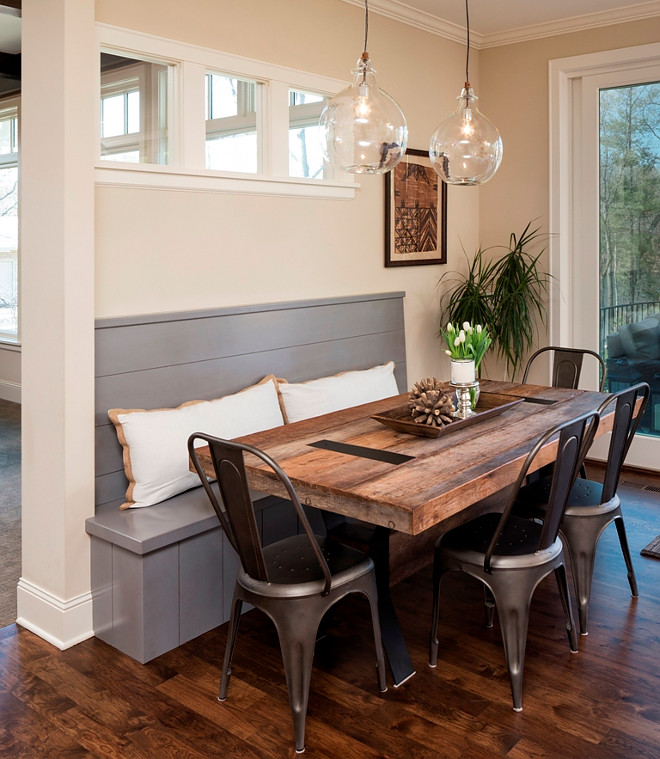 Farmhouse Breakfast Nook with farmhouse dining table and tolix style metal chairs. Farmhouse breakfast nook with built-in shiplap-inspired banquette, farmhouse dining table and tolix style metal chairs #shiplap #banquette #FarmhouseBreakfastNook #farmhouse #breakfastnook #farmhousediningtable #tolix #metalchairs Great Neighborhood Homes