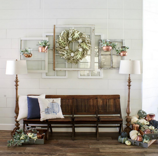 Farmhouse Foyer Fall Decor with shiplap, antique foyer bench and diy projects. Home Bunch Beautiful Homes of Instagram @cottonstem