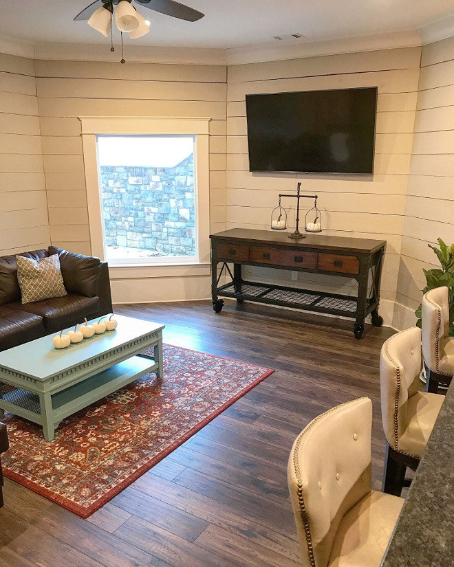 Basement shiplap wall. Basement shiplap wall. Walls are Rough sawn shiplap painted with Sherwin Williams Worldly Gray SW 7043. Basement shiplap wall. Fixer upper Basement shiplap wall. Fixer upper ideas Basement shiplap wall #Fixerupper #fixerupperideas #fixerupperbasement #fixeruppershiplap #Basementshiplap #shiplapwall Home Bunch Beautiful Homes of Instagram @mygeorgiahouse