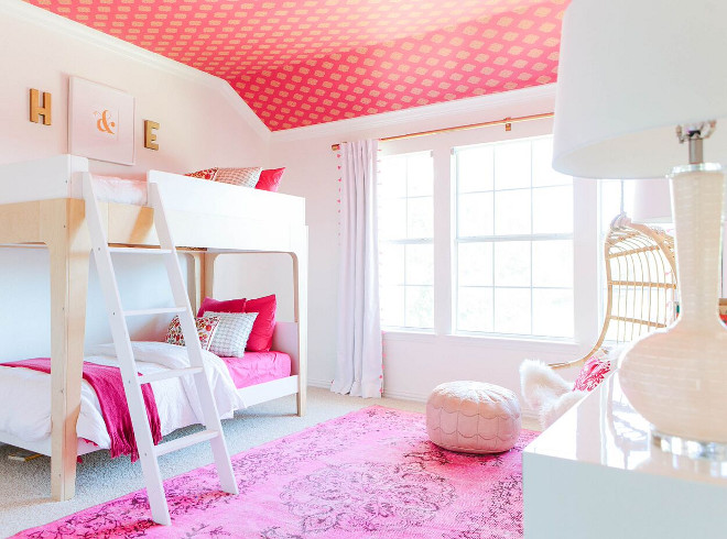 Girls bedroom with bunk beds and wallpaper on ceiling. Wallpaper is Kravet Echo Heirloom Wallpaper. Girls bedroom with bunk beds and wallpaper on ceiling. Girls bedroom with bunk beds and wallpaper on ceiling. Girls bedroom with bunk beds and wallpaper on ceiling. Girls bedroom with bunk beds and wallpaper on ceiling. #Girlsbedroom #bunkbeds #wallpaper #ceilingwallpaper Lark Interiors