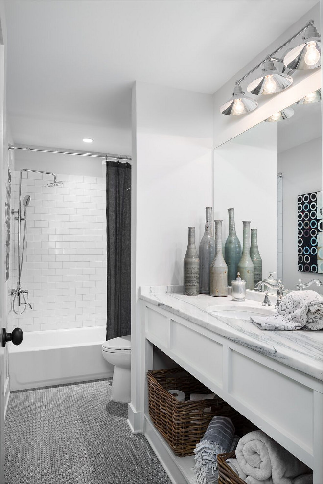 Guest Bathroom. Neutral Guest Bathroom. Farmhouse Guest Bathroom. The bathroom vanity was built on site. Neutral Guest Bathroom. Guest Bathroom. Neutral Guest Bathroom #GuestBathroom #NeutralGuestBathroom #FarmhouseGuestBathroom