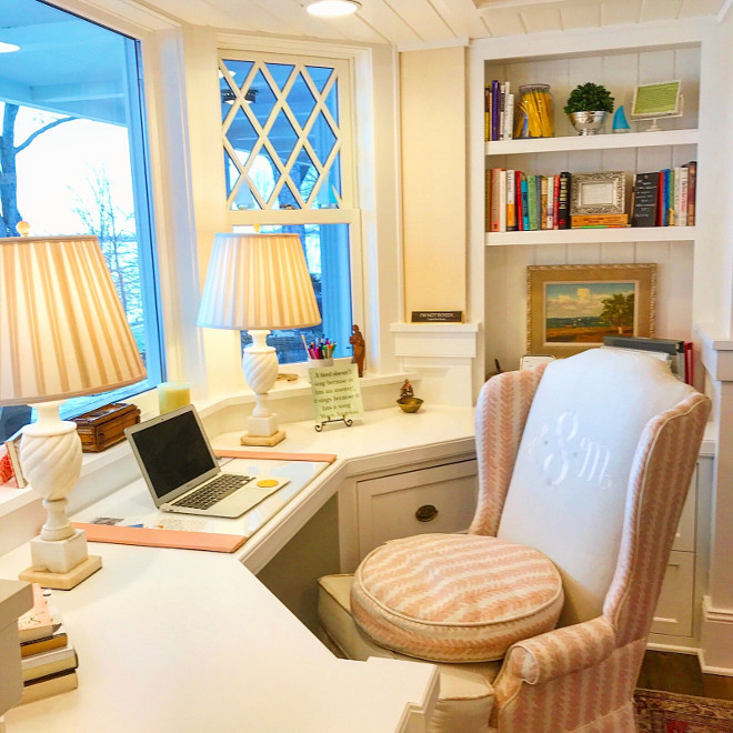 Home Office. Classic and timeless home office. My mother's writing chair recovered in Schumacher fabric. It sits a little low, so I had a tuft made so I could sit comfortably. I love the look! And the monogram chair back is so personal. #homeoffice Beautiful Homes of Instagram @SweetShadyLane