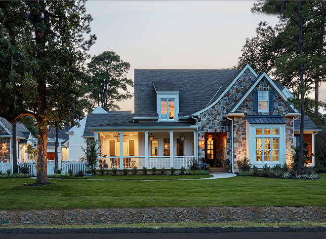 Home exterior with stone and front porch. Siding Paint Color: Sherwin Williams SW 7551 Greek Villa. Shutters: Sherwin Williams SW 6257 Gibraltar. #porch #frontporch #exterior #exteriors #homes #stoneexterior