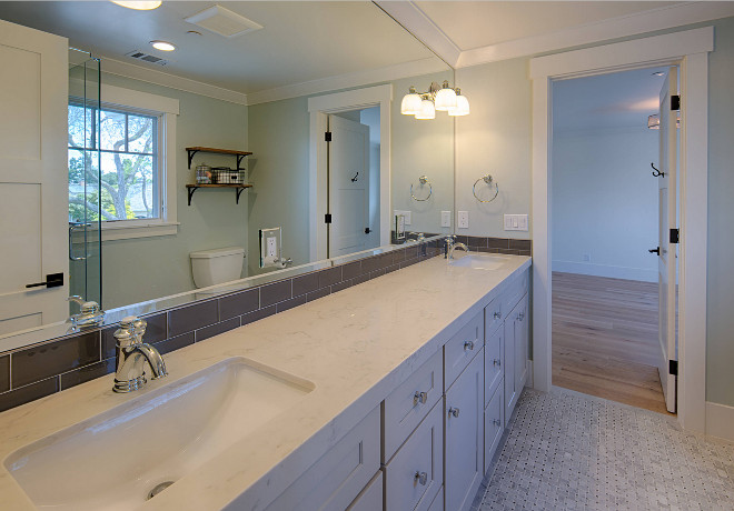Jack and Jill bathroom paint color Sherwin Williams Sea Salt. Boys and girls bathroom paint color Sherwin Williams Sea Salt #SherwinWilliamsSeaSalt AK Construction