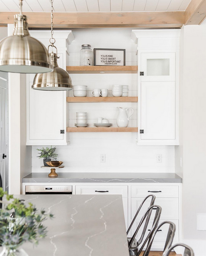 Kitchen bar cabinet with chunky white oak open shelves. Millhaven Homes