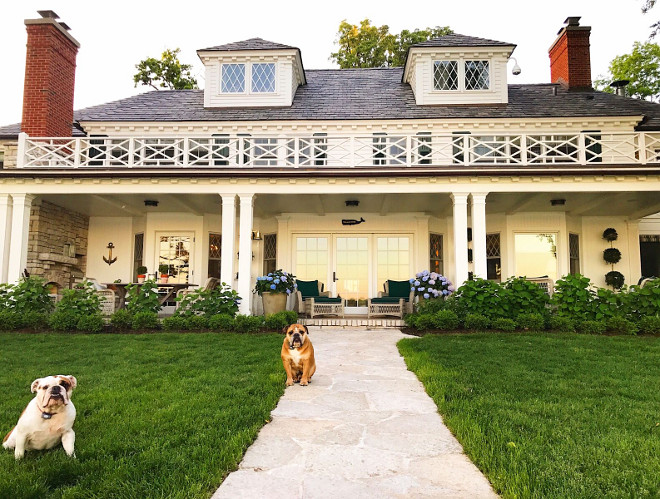 Lakehouse with its guardian dogs. Here, Dorothy and Buster our English Bulldogs are enjoying the "golden hour" on the lake as the sun is just setting. #lakehouse Beautiful Homes of Instagram @SweetShadyLane