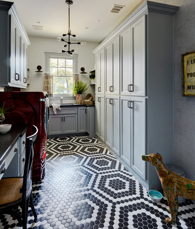 Laundry Room Flooring. Laundry Room Flooring. Flooring is a combination of black and white hex tile. Laundry Room Durable Flooring #LaundryRoom #Flooring #LaundryRoomflooring #Durableflooring Morning Star Builders