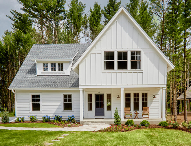 Modern Farmhouse siding color. Siding is James Hardie in Arctic White. Top half is board and baton. Bottom is lap siding. Trim is LP Smart side painted in Arctic White to match #ModernFarmhouse #Siding #ModernFarmhouseSiding Miller Marriott Construction Co. LLC