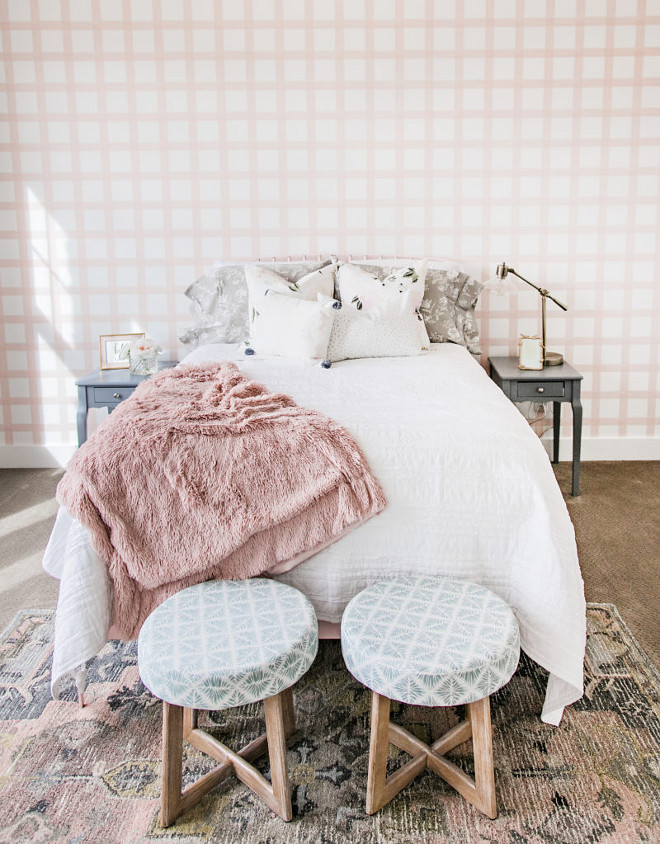 Plaid Wallpaper. Pale Pink Plaid Wallpaper. Girls' bedroom with Pale Pink Plaid Wallpaper. Pale Pink Plaid Wallpaper. Girl's bedroom with pale pink plaid wallpaper by Stagg Design Shop Brushstroke Plaid Wallpaper - Ballet Pink. #PalePink #PlaidWallpaper #plaid Sita Montgomery Interiors