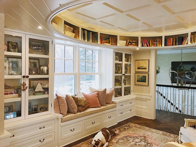 Reading room with window seat and custom round bookshelves and built-ins with glass door to avoid dust on books. Beautiful Homes of Instagram @SweetShadyLane