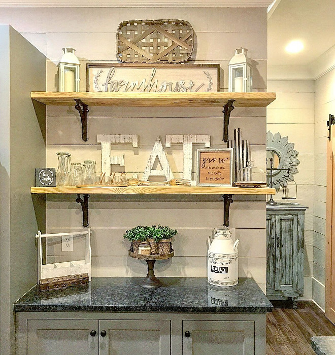 Farmhouse Kitchen Shelves and shiplap backsplash. Rustic Farmhouse Kitchen Shelves and shiplap backsplash. Fixer Upper Farmhouse Kitchen Shelves and shiplap backsplash #Rustic #ficerupper #FarmhouseKitchen #Shelves #shiplapbacksplash Home Bunch Beautiful Homes of Instagram @mygeorgiahouse