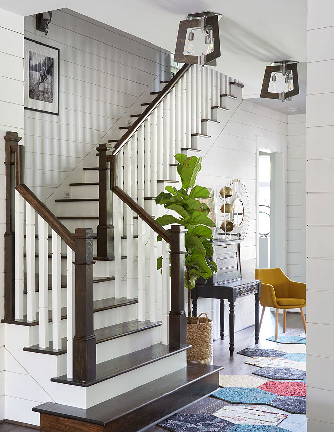 Shiplap stairway. The dark hardwood floors beautifully contrast against the crisp white shiplap walls. Shiplap paint color is Sherwin Williams SW 7757 Reflective White. Shiplap stairway. Shiplap stairway. Shiplap stairway. Shiplap stairway. Shiplap stairway. Shiplap stairway #Shiplapstairway #Shiplap #stairway Morning Star Builders