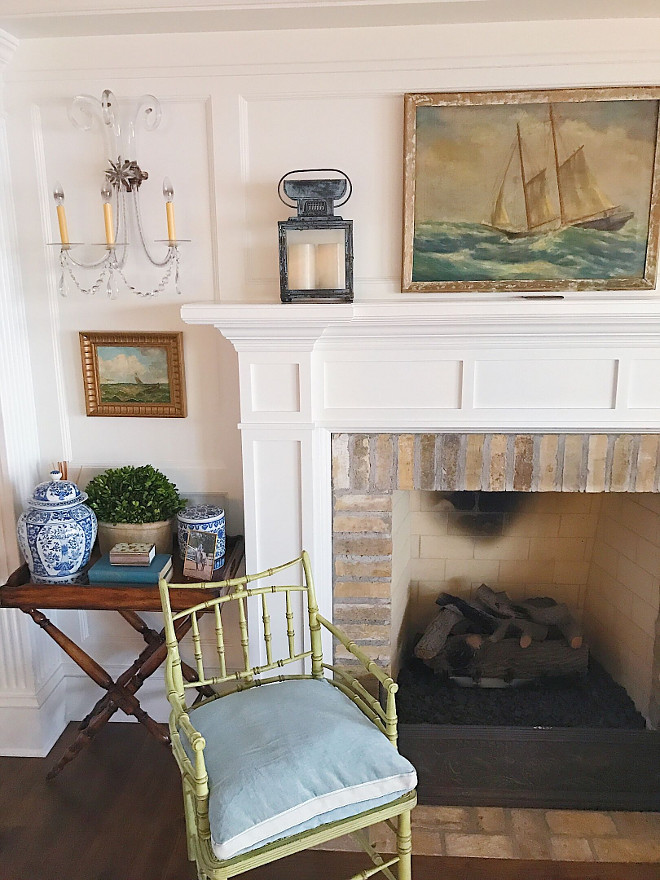 Traditional fireplace with brick surround and limestone inserts. #fireplace #traditionalfireplace #brickfireplace #bricksurround #limestone #fireplaceinsert Beautiful Homes of Instagram @SweetShadyLane