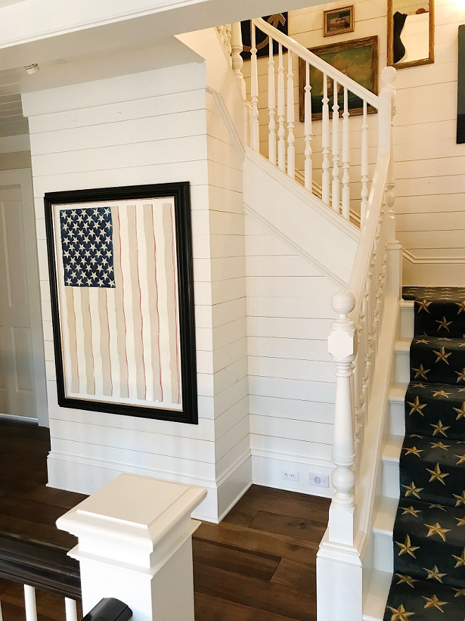 Vintage American Flag. Framed Vintage American Flag surrounded by shiplap. Vintage American Flag. Vintage American Flag #VintageAmericanFlag #framedVintageAmericanFlag Beautiful Homes of Instagram @SweetShadyLane