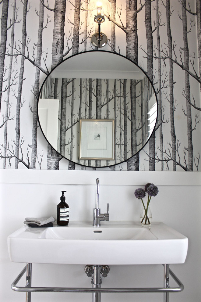 Farmhouse Powder Room with black and white wallpaper and a round metal mirror. Farmhouse Powder Room with black and white wallpaper and a round metal mirror. Farmhouse Powder Room with black and white wallpaper and a round metal mirror. Farmhouse Powder Room with black and white wallpaper and a round metal mirror #FarmhousePowderRoom #blackandwhitewallpaper #roundmetalmirror Beautiful Homes of Instagram @urban_farmhouse_build