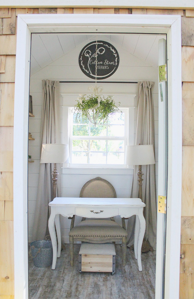 The homeowner converted an unused utility shed into her home office, complete with heating, air and wifi! She used DIY shiplap with pine underlayment cut into 8inch strips and painted Sherwin Williams Alabaster. Home Bunch Beautiful Homes of Instagram @cottonstem